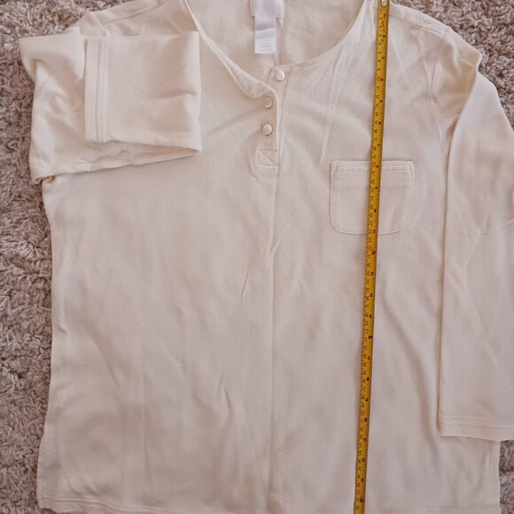Women's Go Soft 3/4 Inch Sleeve Silk Button V-Neck Ivory Top Size Large Cotton - Picture 9 of 10